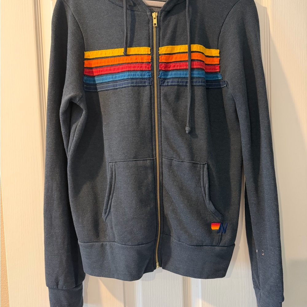 Aviator Nation Dark Blue Zip-Up Sweater with Colorful Stripes